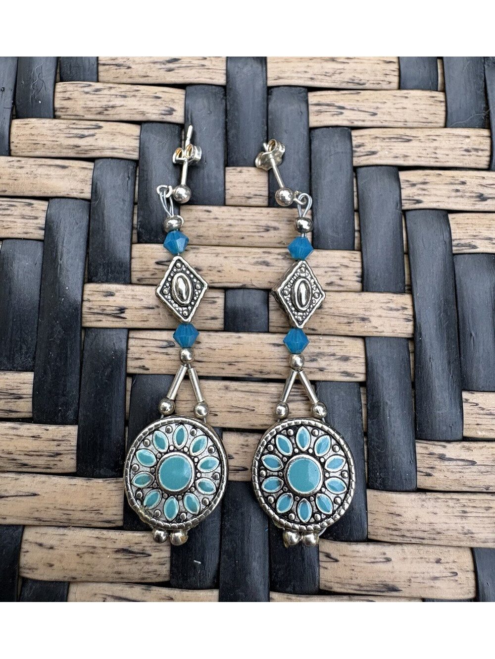 Silver Blue Beaded Dangle Drop Earrings Stud Back Round Drops